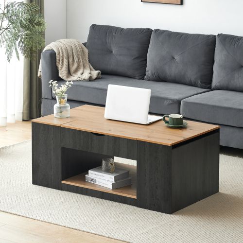 Table Basse relevable 109,5 X 59,7 X 57,4 Cm coffre ouvrant De Rangement, MDF, Gris et bois
