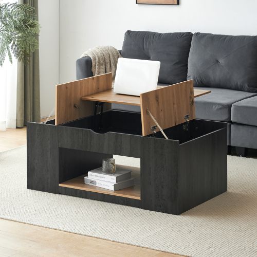 Table Basse relevable 109,5 X 59,7 X 57,4 Cm coffre ouvrant De Rangement, MDF, Gris et bois