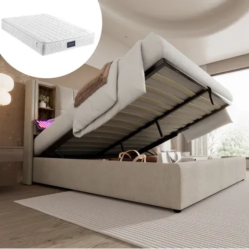Ensemble Lit Coffre 140x200 Et Matelas Ressort, Avec Chargement Sans Fil Lin Beige