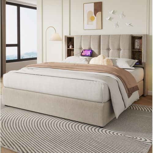 Ensemble Lit Coffre 140x200 Et Matelas Ressort, Avec Chargement Sans Fil Lin Beige