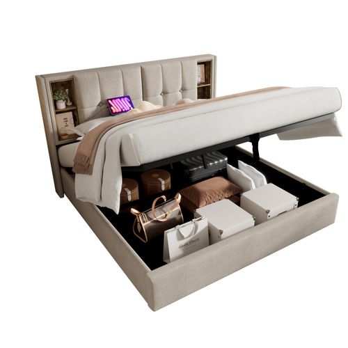 Ensemble Lit Coffre 140x200 Et Matelas Ressort, Avec Chargement Sans Fil Lin Beige