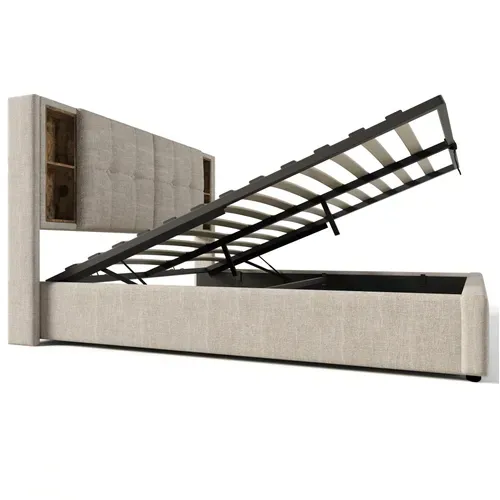 Ensemble Lit Coffre 140x200 Et Matelas Ressort, Avec Chargement Sans Fil Lin Beige