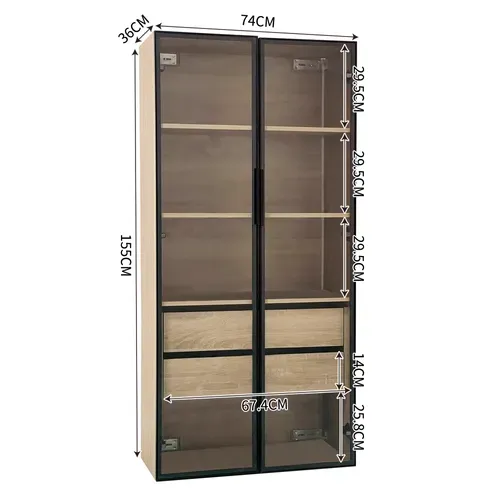 Lot De 2 Vitrines 74x36x155 Cm Avec LED, 2 Portes En Verre, 2 Tiroirs, Étagères, Mdf, Naturel