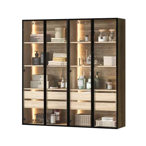 Lot De 2 Vitrines 74x36x155 Cm Avec LED, 2 Portes En Verre, 2 Tiroirs, Étagères, Mdf, Naturel