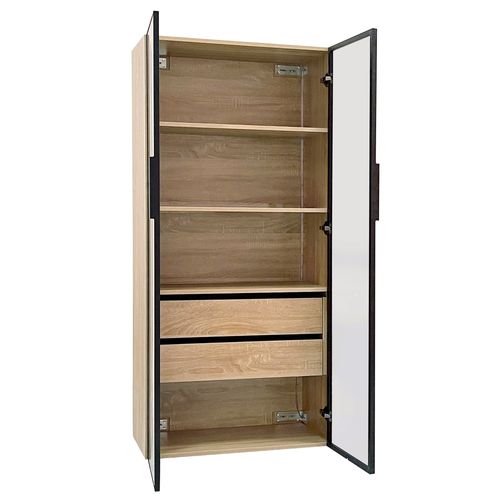 Lot De 2 Vitrines 74x36x155 Cm Avec LED, 2 Portes En Verre, 2 Tiroirs, Étagères, Mdf, Naturel