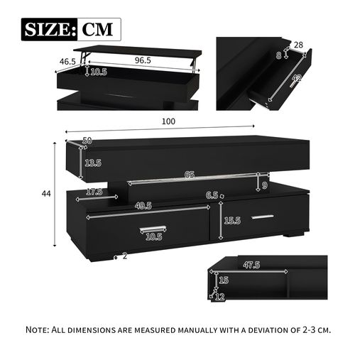Table basse relevable 100 cm avec LED, 2 tiroirs et rangement ouvert, Panneaux De Particules, noir