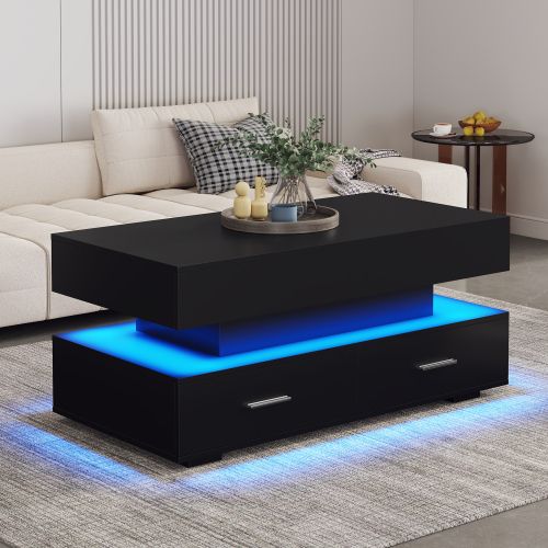 Table basse relevable 100 cm avec LED, 2 tiroirs et rangement ouvert, Panneaux De Particules, noir