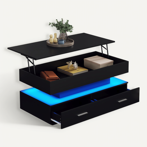 Table basse relevable 100 cm avec LED, 2 tiroirs et rangement ouvert, Panneaux De Particules, noir