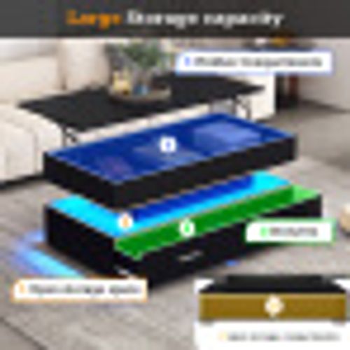 Table basse relevable 100 cm avec LED, 2 tiroirs et rangement ouvert, Panneaux De Particules, noir