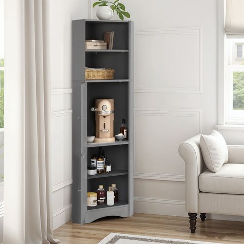 Colonne De Salle De Bain 36,5x36,5x155 Cm Avec 2 Portes, Plateau Réglable, Rangement, Gris Clair