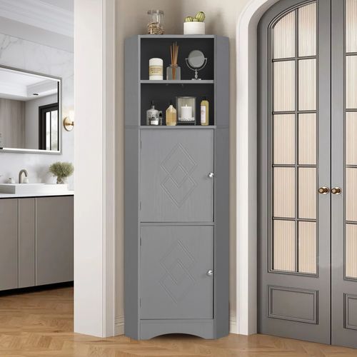 Colonne De Salle De Bain 36,5x36,5x155 Cm Avec 2 Portes, Plateau Réglable, Rangement, Gris Clair