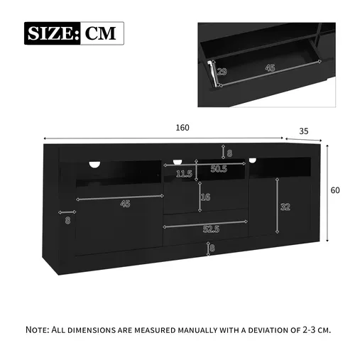 Meuble TV à Brillant 160x35x60 Cm Avec 2 Tiroirs, 2 Portes, LED, Rangements Ouverts, Noir