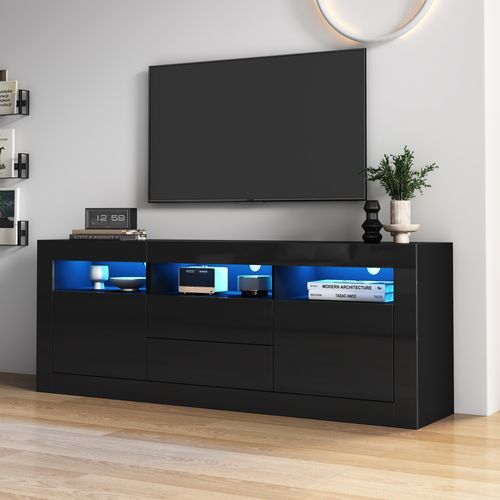 Meuble TV à Brillant 160x35x60 Cm Avec 2 Tiroirs, 2 Portes, LED, Rangements Ouverts, Noir