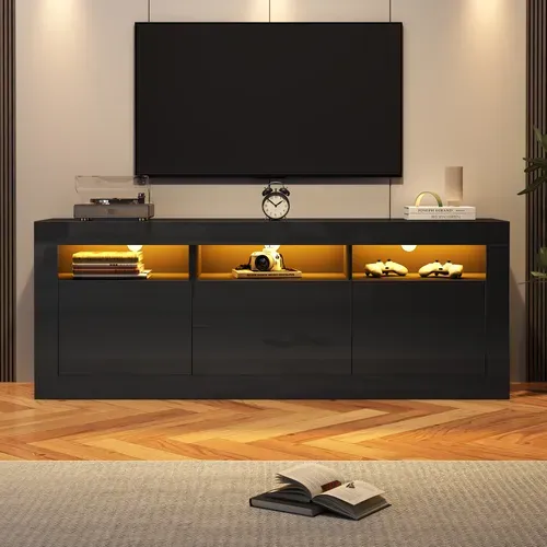 Meuble TV à Brillant 160x35x60 Cm Avec 2 Tiroirs, 2 Portes, LED, Rangements Ouverts, Noir