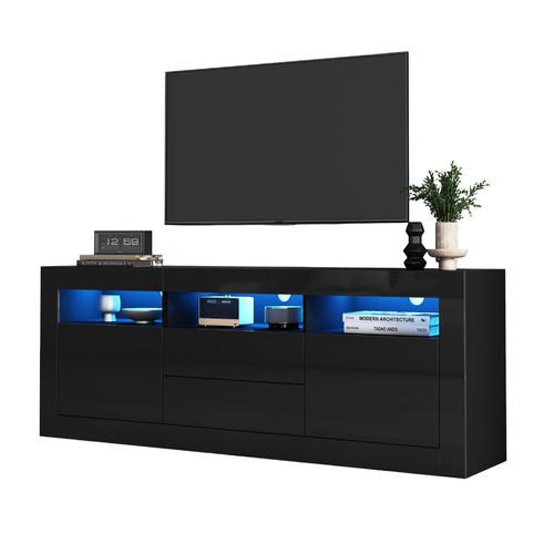 Meuble TV à Brillant 160x35x60 Cm Avec 2 Tiroirs, 2 Portes, LED, Rangements Ouverts, Noir