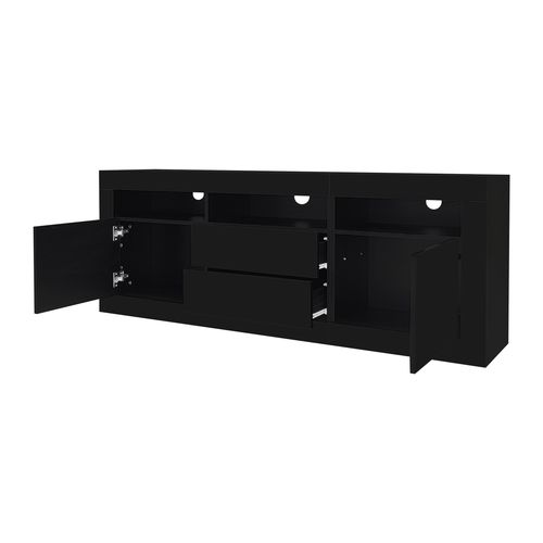 Meuble TV à Brillant 160x35x60 Cm Avec 2 Tiroirs, 2 Portes, LED, Rangements Ouverts, Noir