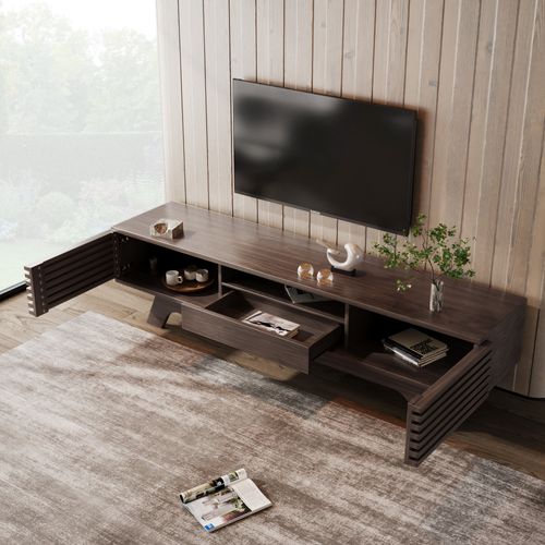 Meuble TV 150x35x44 Cm Avec 1 Tiroir, 2 Portes, Rangements Ouverts, Couleur Marron