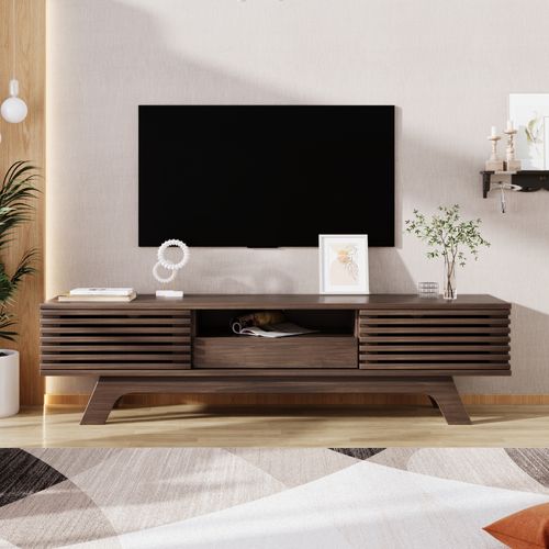 Meuble TV 150x35x44 Cm Avec 1 Tiroir, 2 Portes, Rangements Ouverts, Couleur Marron