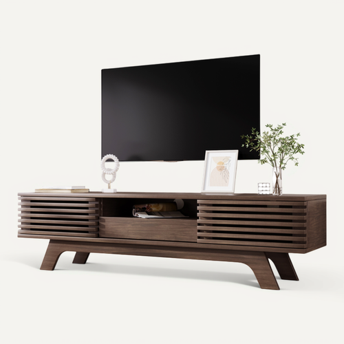 Meuble TV 150x35x44 Cm Avec 1 Tiroir, 2 Portes, Rangements Ouverts, Couleur Marron