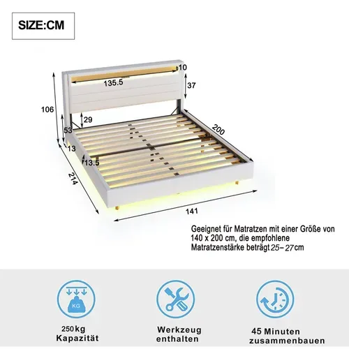 Lit Adulte 140x200 Cm Avec Prise USB Et Lumière LED, Tête De Lit De Rangement, Lin, Beige