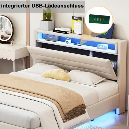 Lit Adulte 140x200 Cm Avec Prise USB Et Lumière LED, Tête De Lit De Rangement, Lin, Beige