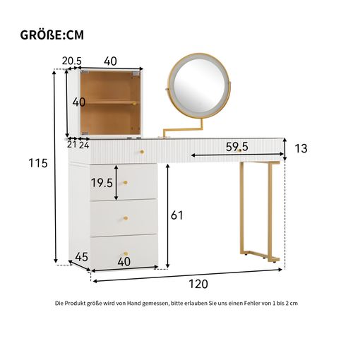 Coiffeuse 120x45x115cm, Avec Miroir LED Et Plateau En Verre, 5 Tiroirs, Blanc Et Doré