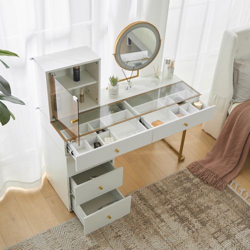 Coiffeuse 120x45x115cm, Avec Miroir LED Et Plateau En Verre, 5 Tiroirs, Blanc Et Doré