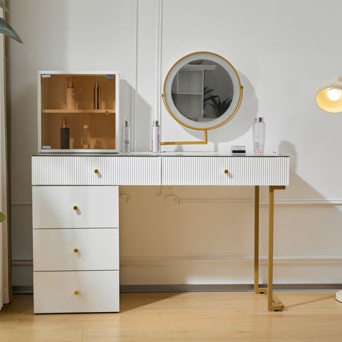 Coiffeuse 120x45x115cm, Avec Miroir LED Et Plateau En Verre, 5 Tiroirs, Blanc Et Doré
