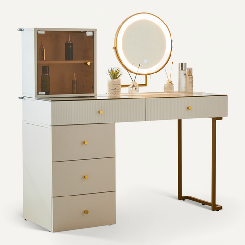 Coiffeuse 120x45x115cm, Avec Miroir LED Et Plateau En Verre, 5 Tiroirs, Blanc Et Doré