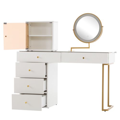 Coiffeuse 120x45x115cm, Avec Miroir LED Et Plateau En Verre, 5 Tiroirs, Blanc Et Doré