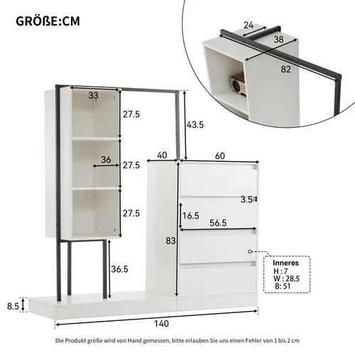 Armoire 140x40x135 Cm Avec 4 Tiroirs, Étagères Ouvertes, Tringle, En Panneaux De Particules, Blanc