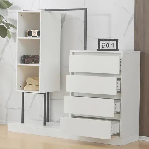 Armoire 140x40x135 Cm Avec 4 Tiroirs, Étagères Ouvertes, Tringle, En Panneaux De Particules, Blanc