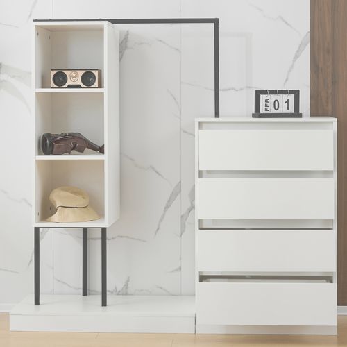 Armoire 140x40x135 Cm Avec 4 Tiroirs, Étagères Ouvertes, Tringle, En Panneaux De Particules, Blanc