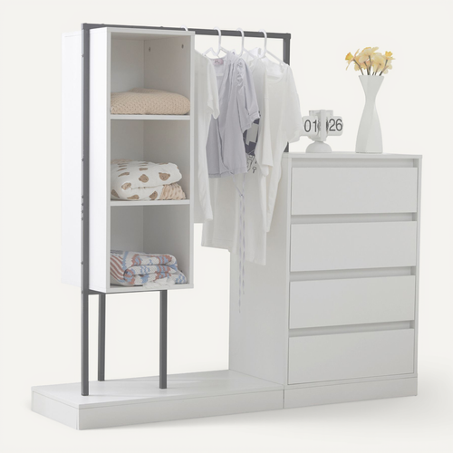 Armoire 140x40x135 Cm Avec 4 Tiroirs, Étagères Ouvertes, Tringle, En Panneaux De Particules, Blanc