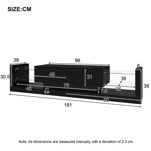 Meuble TV 181x38x38cm, LED, Cloisons En Verre, Convient Aux Téléviseurs Jusqu'à 80 Pouces, Noir