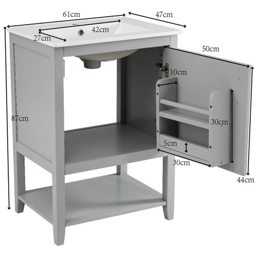 Meuble Lavabo Et Vasque 61x47x87 Cm Avec Étagère,1 Porte, Montage Simple, En Mdf, Gris Clair