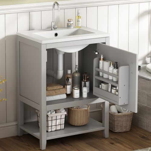 Meuble Lavabo Et Vasque 61x47x87 Cm Avec Étagère,1 Porte, Montage Simple, En Mdf, Gris Clair