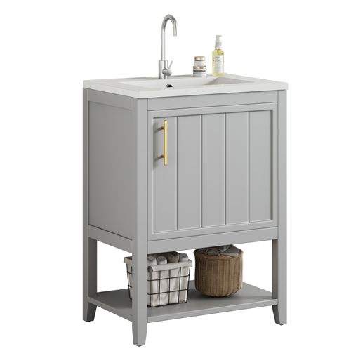 Meuble Lavabo Et Vasque 61x47x87 Cm Avec Étagère,1 Porte, Montage Simple, En Mdf, Gris Clair