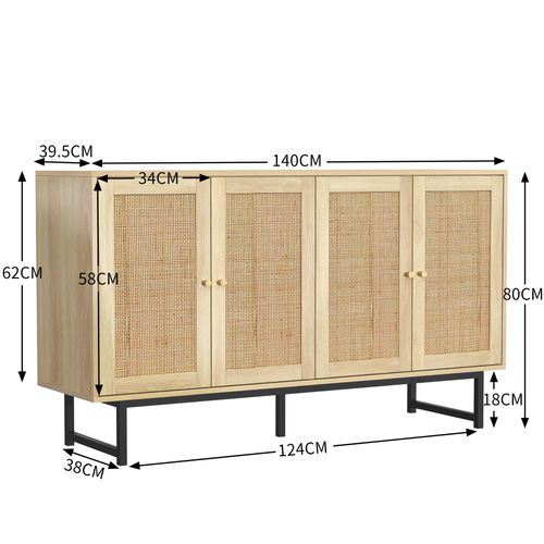 Buffet 4 Portes Rotin 140x39.5x80 Cm, Design Moderne, Panneaux Particules, Couleur Bois