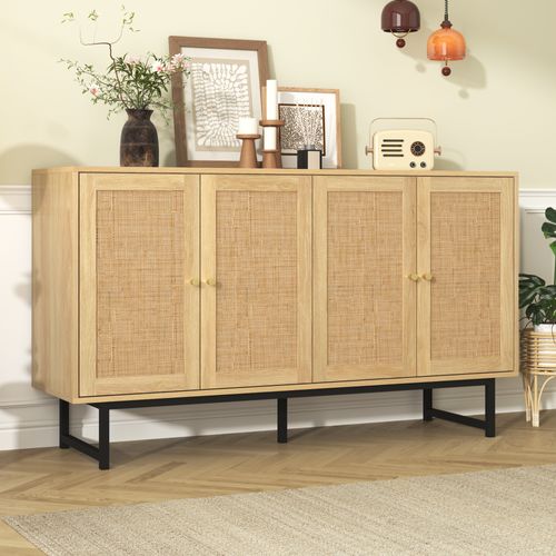 Buffet 4 Portes Rotin 140x39.5x80 Cm, Design Moderne, Panneaux Particules, Couleur Bois