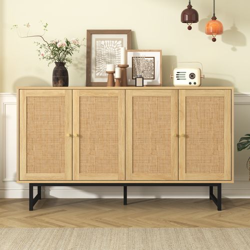 Buffet 4 Portes Rotin 140x39.5x80 Cm, Design Moderne, Panneaux Particules, Couleur Bois
