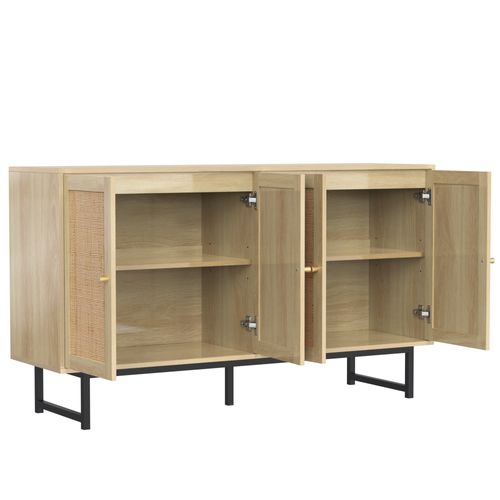 Buffet 4 Portes Rotin 140x39.5x80 Cm, Design Moderne, Panneaux Particules, Couleur Bois