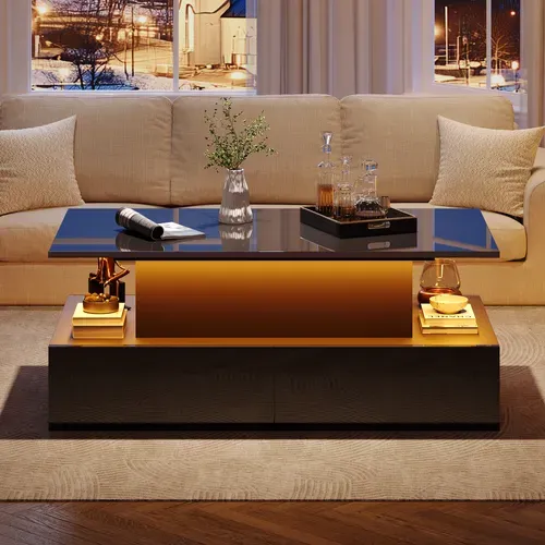 Table Basse 90x55x41cm Brillante LED coloré et 4 Tiroirs, Panneaux De Particules Noir