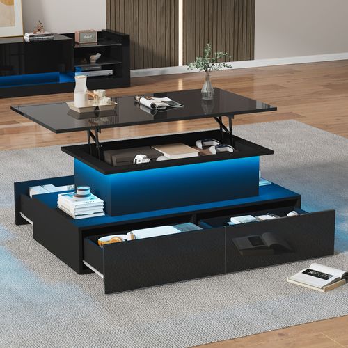 Table Basse 90x55x41cm Brillante LED coloré et 4 Tiroirs, Panneaux De Particules Noir