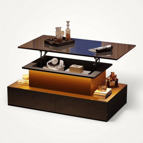 Table Basse 90x55x41cm Brillante LED coloré et 4 Tiroirs, Panneaux De Particules Noir