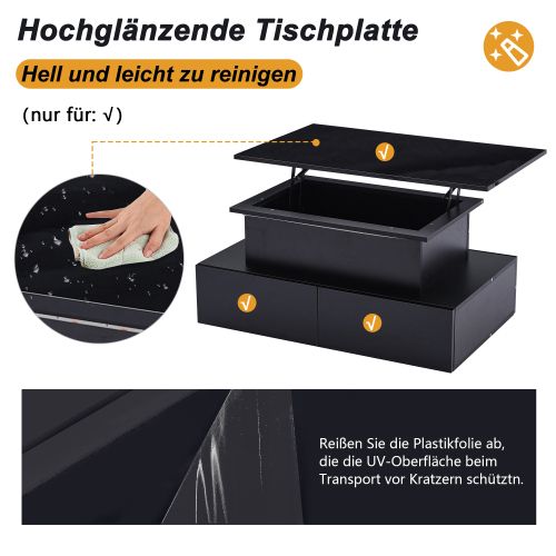 Table Basse 90x55x41cm Brillante LED coloré et 4 Tiroirs, Panneaux De Particules Noir