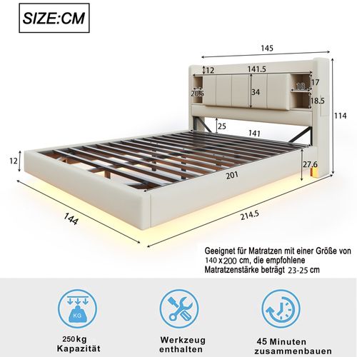 Lit Adulte Lit 140x200, 2 Places, Avec USB, Barre Lumineuse, Tête De Lit Avec Rangement, Lin Beige
