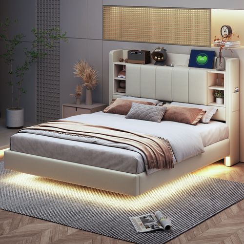 Lit Adulte Lit 140x200, 2 Places, Avec USB, Barre Lumineuse, Tête De Lit Avec Rangement, Lin Beige