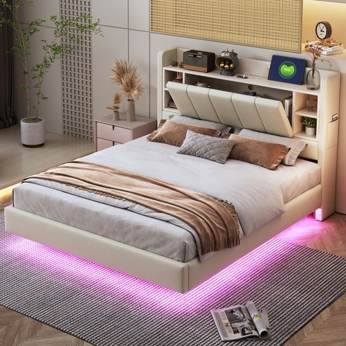 Lit Adulte Lit 140x200, 2 Places, Avec USB, Barre Lumineuse, Tête De Lit Avec Rangement, Lin Beige