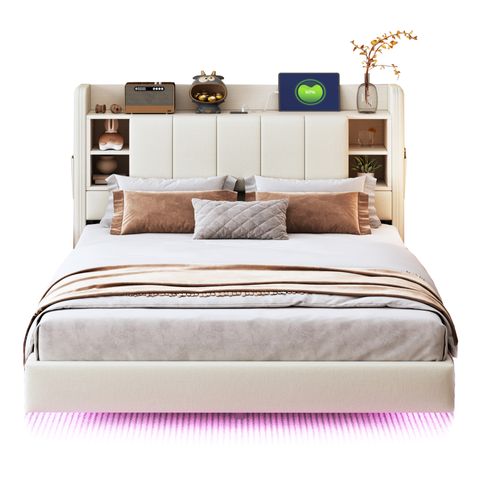 Lit Adulte Lit 140x200, 2 Places, Avec USB, Barre Lumineuse, Tête De Lit Avec Rangement, Lin Beige